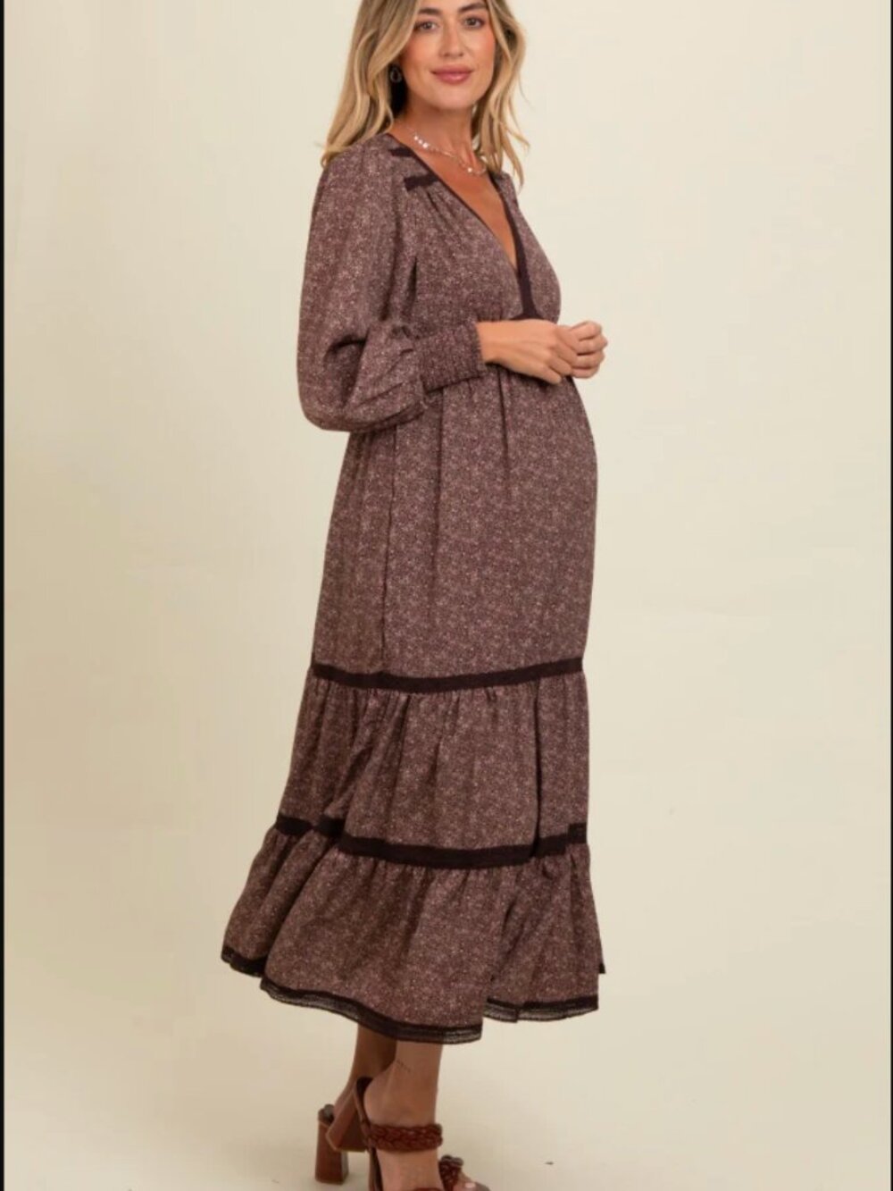 Brown Floral Lace Trim Bubble Sleeve Maternity Maxi Dress - Picture 2 of 6